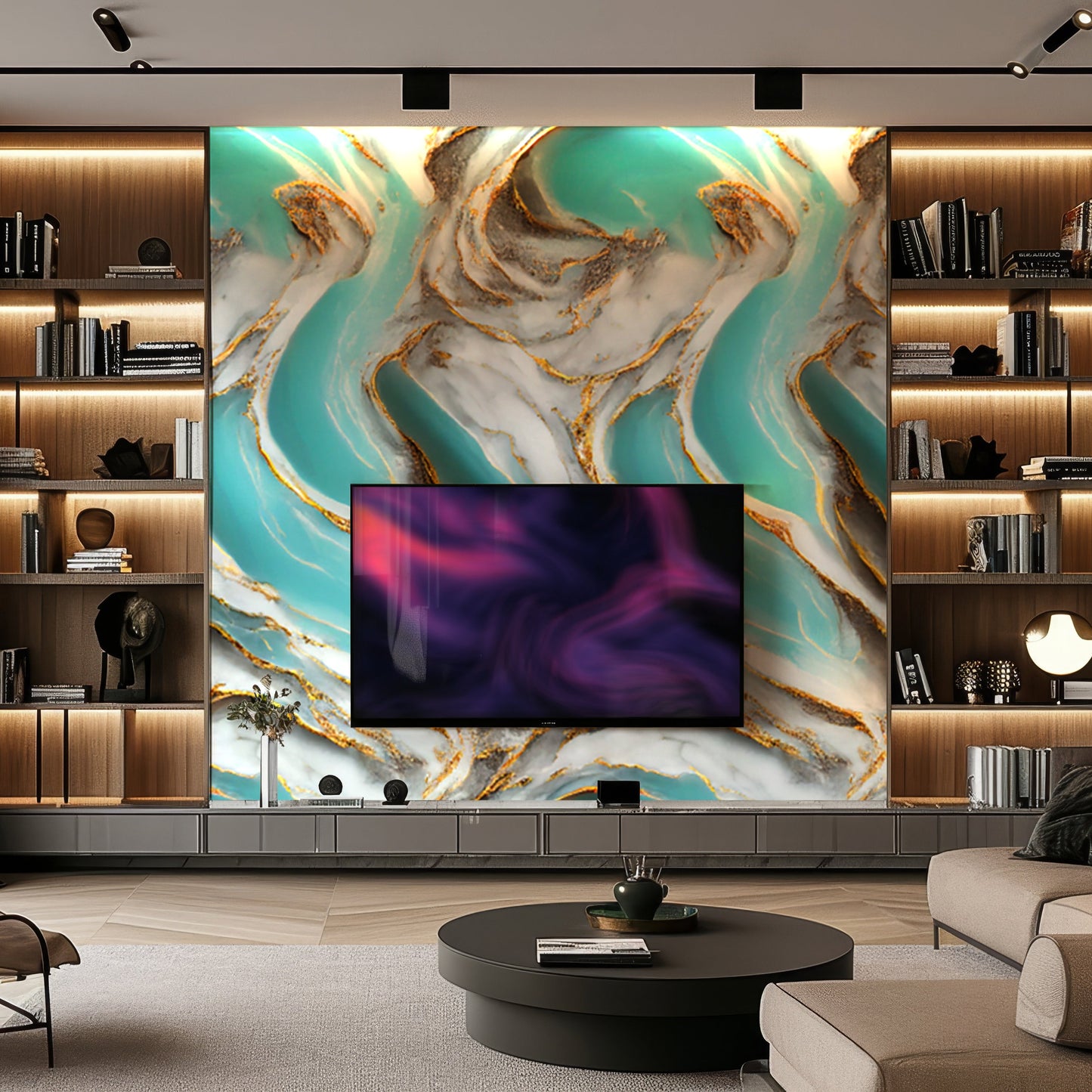 Modern living room with built-in wooden shelves, a large TV, and a striking turquoise and gold accent wall behind the television crafted from Landmark Decor’s Aqua Coral Marble Durable PVC Wall panels.