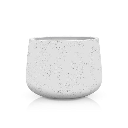 The Aura di Pietra Planter - Large by Landmark Decor is a speckled white ceramic planter with a rounded shape and smooth surface, exuding luxury and nature. Handmade with care, it sits empty on a plain white background, ready to cradle custom plants.