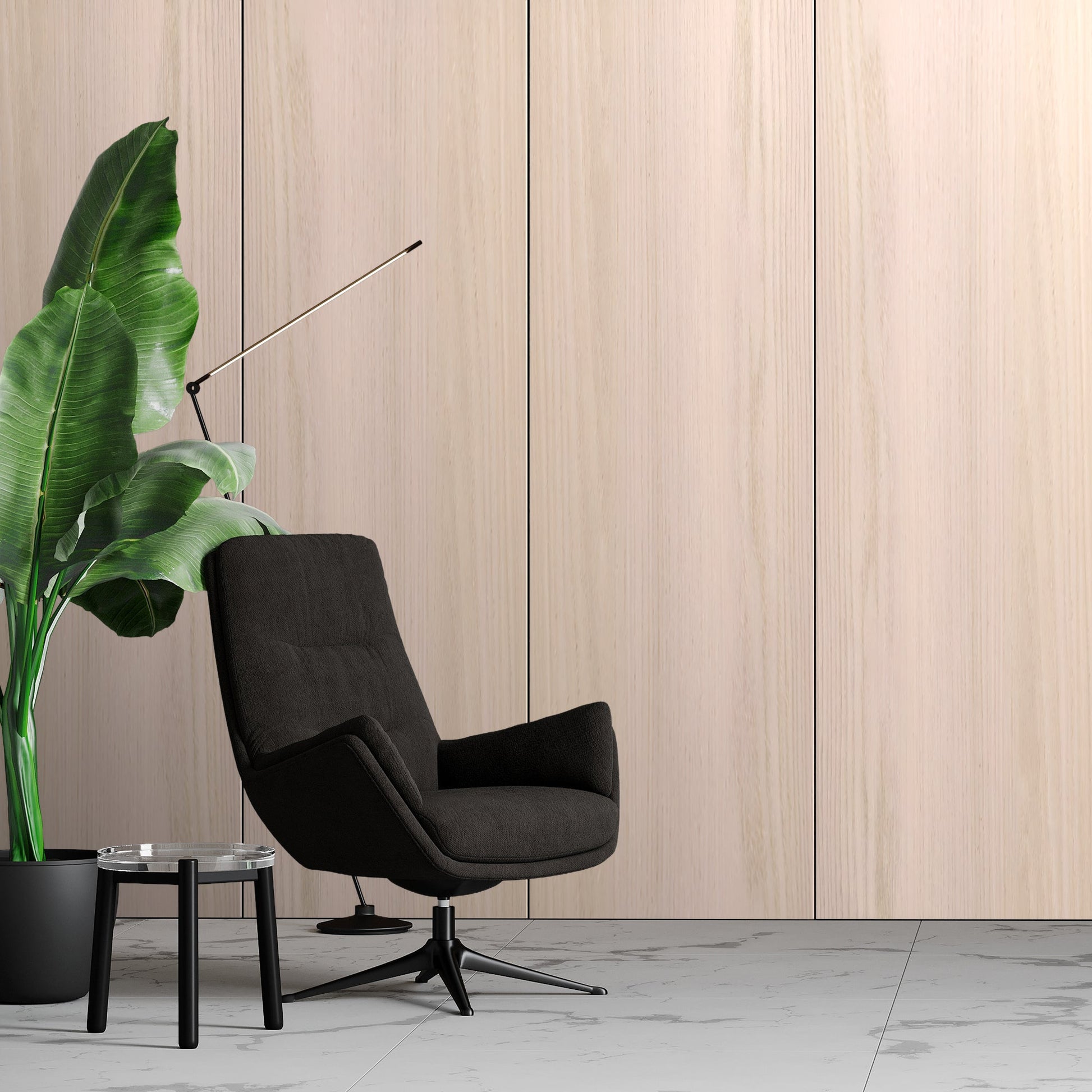 A modern black swivel chair sits by a glass-top side table and large potted plant, set against Landmark Decor’s Bleached Oak Carbon Sheet wall panels on a marble floor.