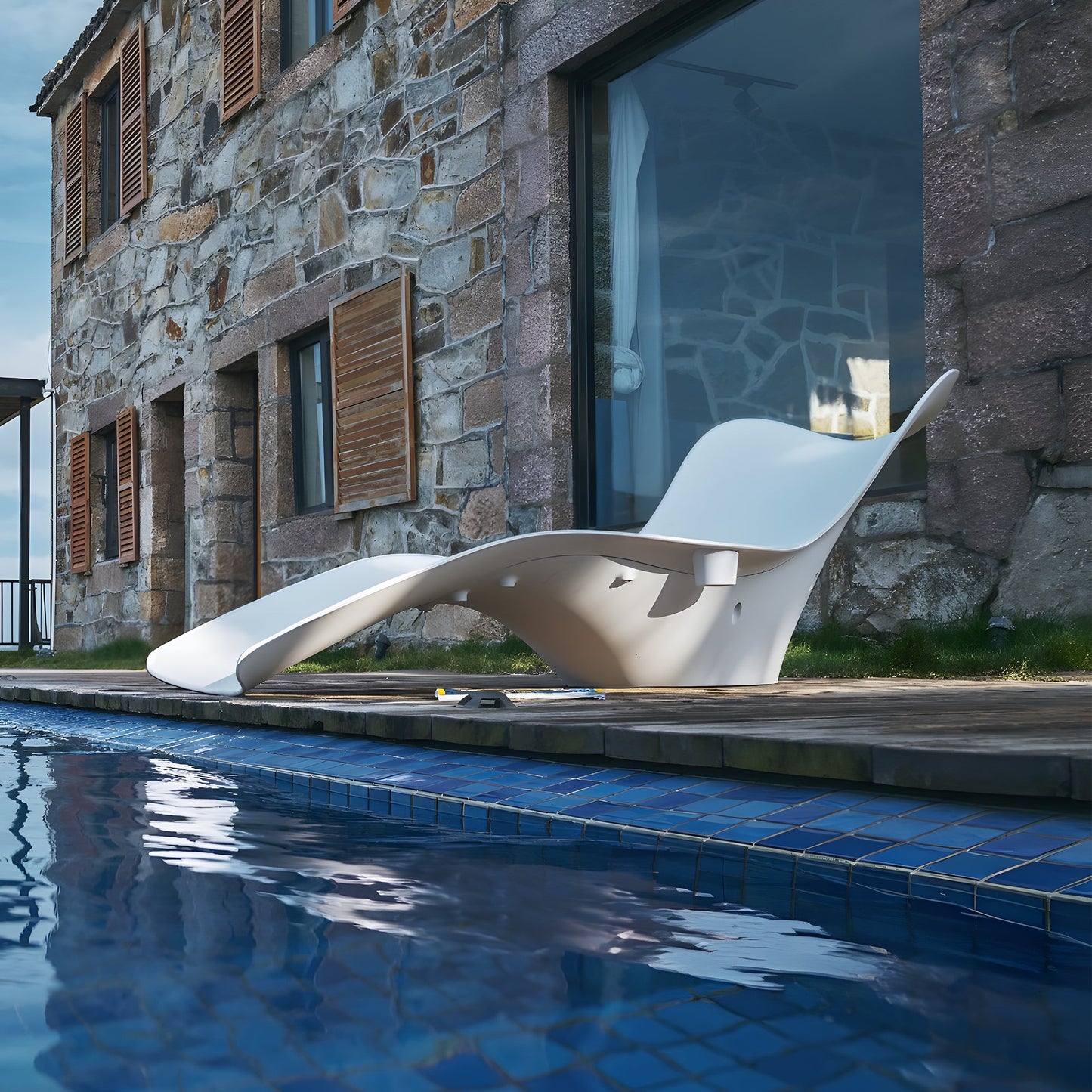 The Muse Astratta Lounger by Landmark Decor sits elegantly on the deck next to a blue-tiled pool, perfect for outdoor living. A stone house with wooden shutters adds to this luxurious retreat.