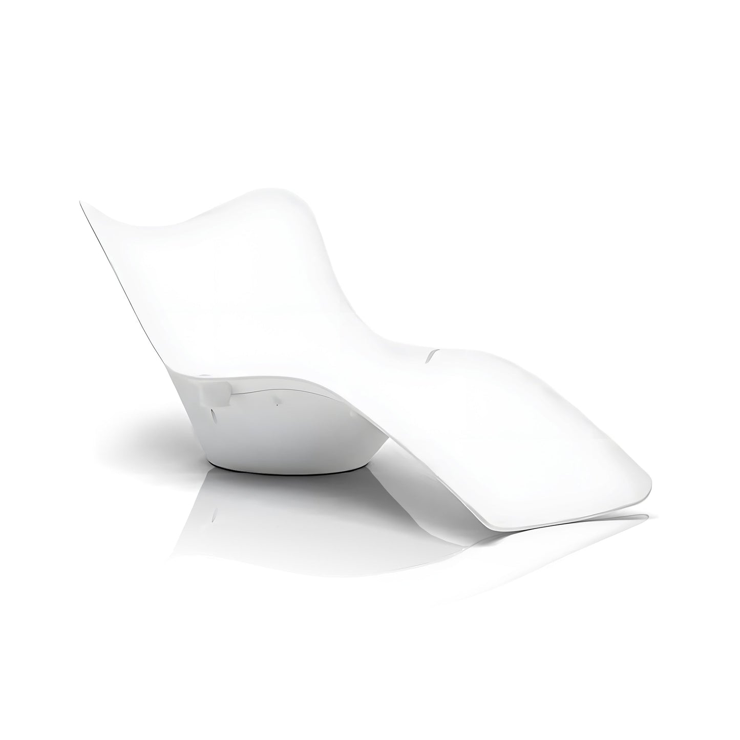 The Muse Astratta Lounger by Landmark Decor is a sleek, modern white chaise with smooth curves forming a wave-like silhouette. Set against a plain white background, it offers a minimalist aesthetic ideal for an outdoor space or luxurious retreat.