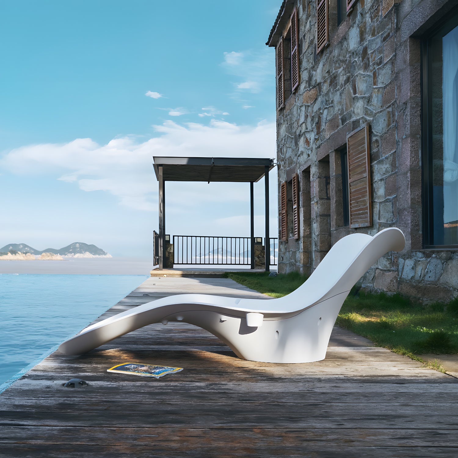 The Muse Astratta Lounger by Landmark Decor sits elegantly on a wooden deck by calm water, next to a stone house with wooden shutters. A small canopy provides shade, adding luxury to the retreat, while mountains rise in the distance under a clear blue sky.