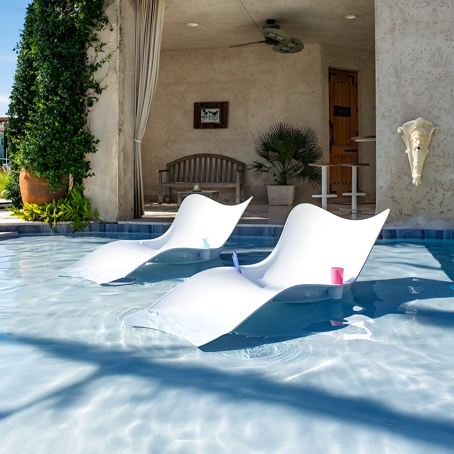 Two Muse Astratta Loungers by Landmark Decor partially submerged in a pool each hold a colorful cup, epitomizing outdoor living. Behind them is a shaded patio with a wooden bench, plants, fan, and decorative wall art. Sunlight casts inviting shadows across this luxurious retreat.