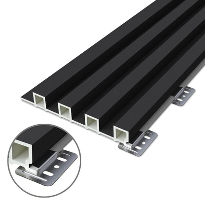 Landmark Decor Interior WPC Panel Clips, shown in detail in a circular inset at the bottom left, provide secure fastening for reliable wall panel installation of black rectangular slatted panels.