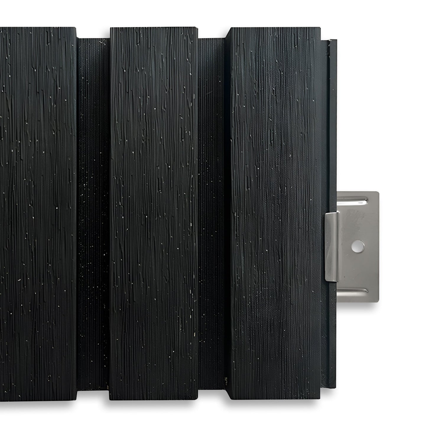 Close-up of Landmark Decor Exterior WPC Panel Clips securing dark textured wall panels, with a visible metal mounting bracket on the right side highlighting reliable installation.