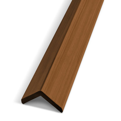 The Landmark Decor Honey Chestnut Exterior Panel Corner is an angled wooden trim with a smooth brown finish, perfect for WPC wall panel corners and exterior walls. Shown photographed on a white background.