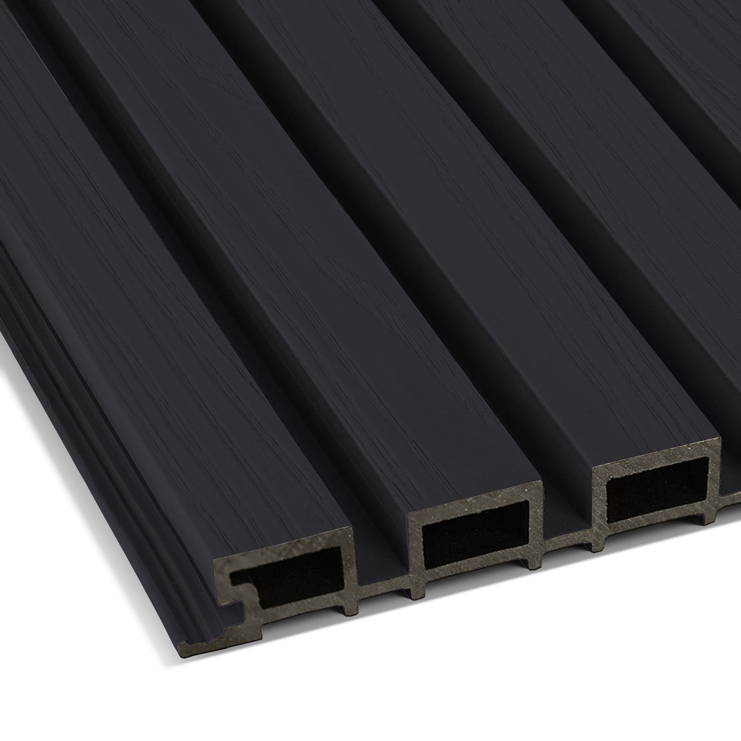 A close-up of the Landmark Decor Charcoal Ash Exterior WPC Panel, a black, grooved rectangular board with hollow channels, perfect for weather-resistant exterior panels or stylish outdoor wall decoration.