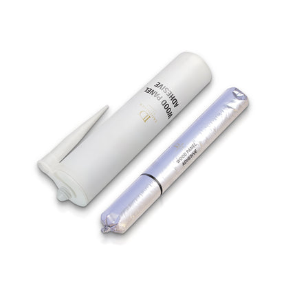 Landmark Decor Wall Panel Installation Adhesive is shown in a tube and foil sausage pack on a white background, perfect for decorative wall panels or any wall panel installation.