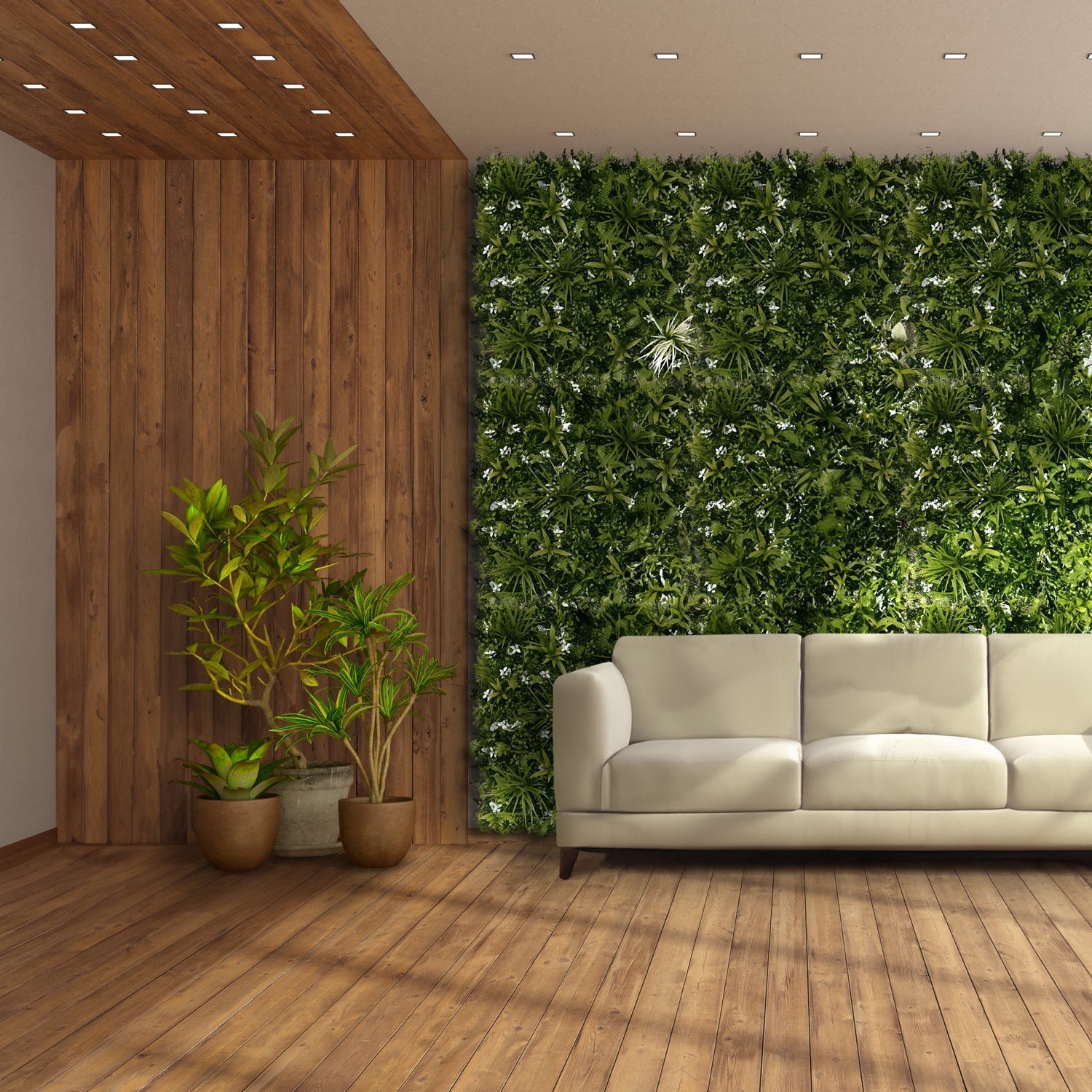 Modern living room with wooden floors, a beige sofa, potted plants, decorative wall panels, a wooden accent wall, and the Tropical Peace Grass Wall by Landmark Decor as a vibrant vertical green feature.