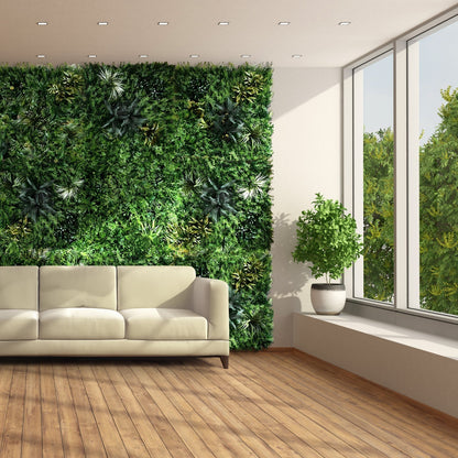 A modern living room featuring Landmark Decor's Tropical Oasis Grass Wall, a beige sofa, potted plant, large windows, and wood flooring.