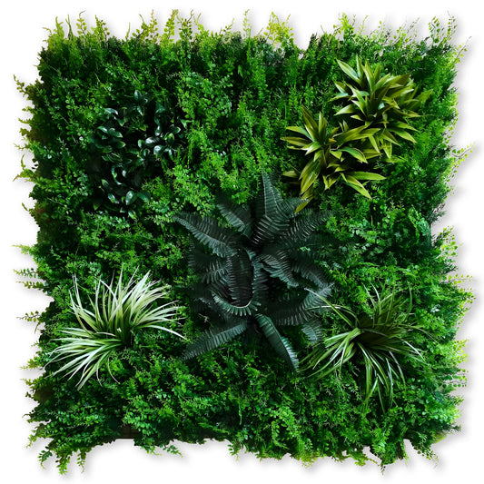 The Landmark Decor Tropical Oasis Grass Wall is a square green panel with assorted artificial plants and foliage—perfect for adding style and elegance to your space with decorative wall panels.