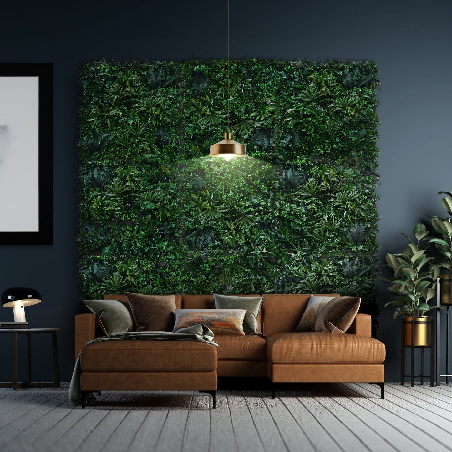 A modern living room with a brown sectional sofa and gold accents features the Emerald Sanctuary Grass Wall by Landmark Decor, adding lush greenery to dark blue walls alongside decorative panels, plants, and curated decor pieces.