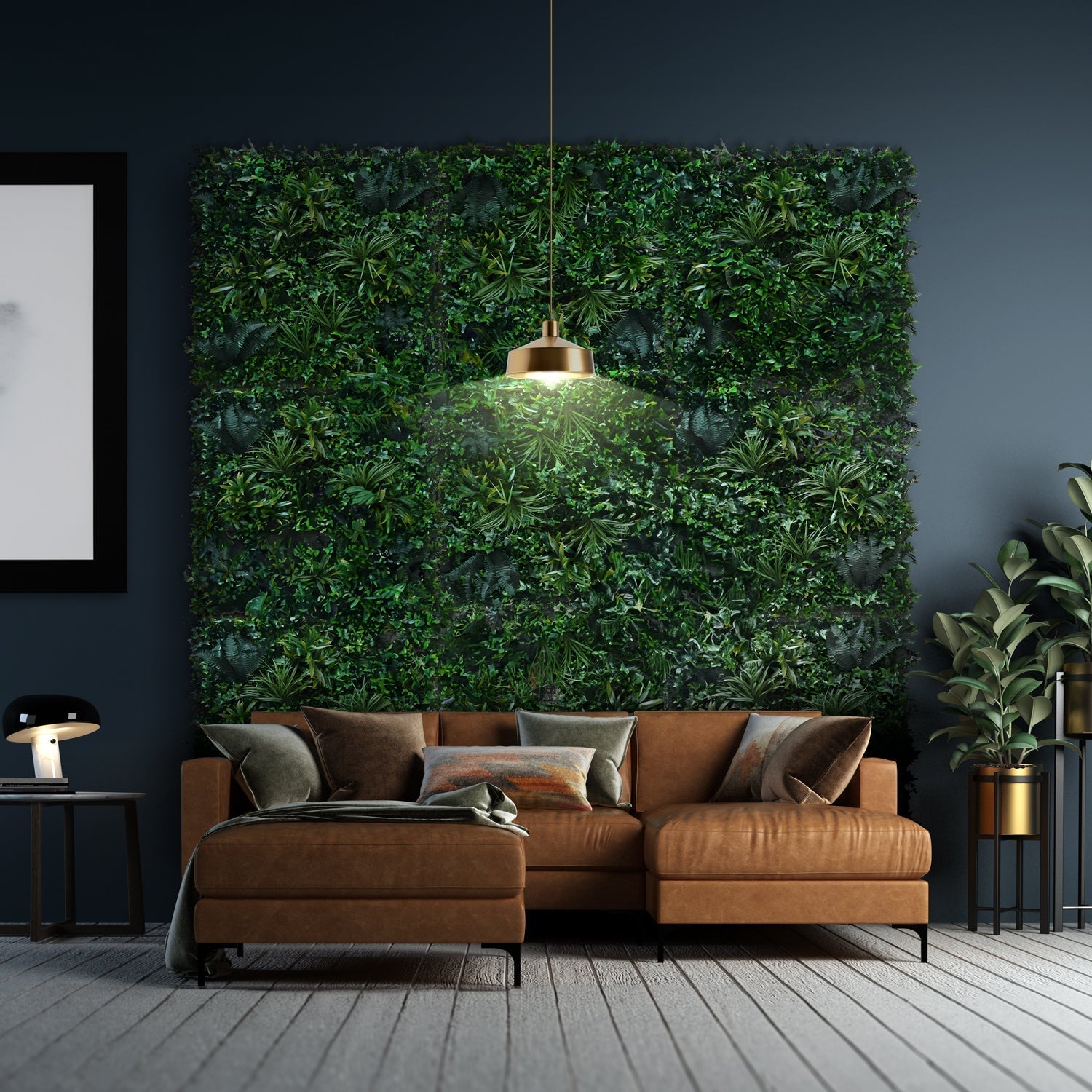 A modern living room with a brown sectional sofa and gold accents features the Emerald Sanctuary Grass Wall by Landmark Decor, adding lush greenery to dark blue walls alongside decorative panels, plants, and curated decor pieces.