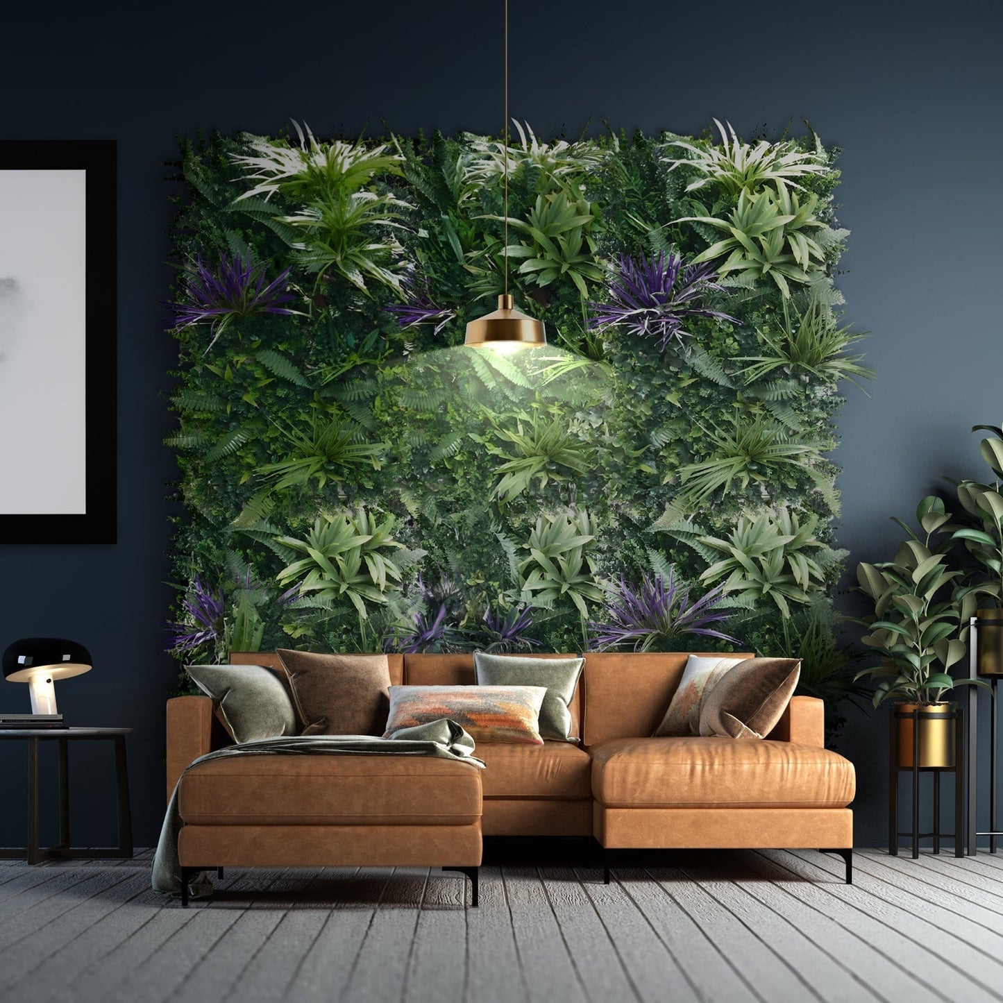 A modern living room featuring the Landmark Decor Amethyst Zen Greenery Grass Wall, a brown sectional sofa, dark walls with decorative wall panels, and gold light fixtures.