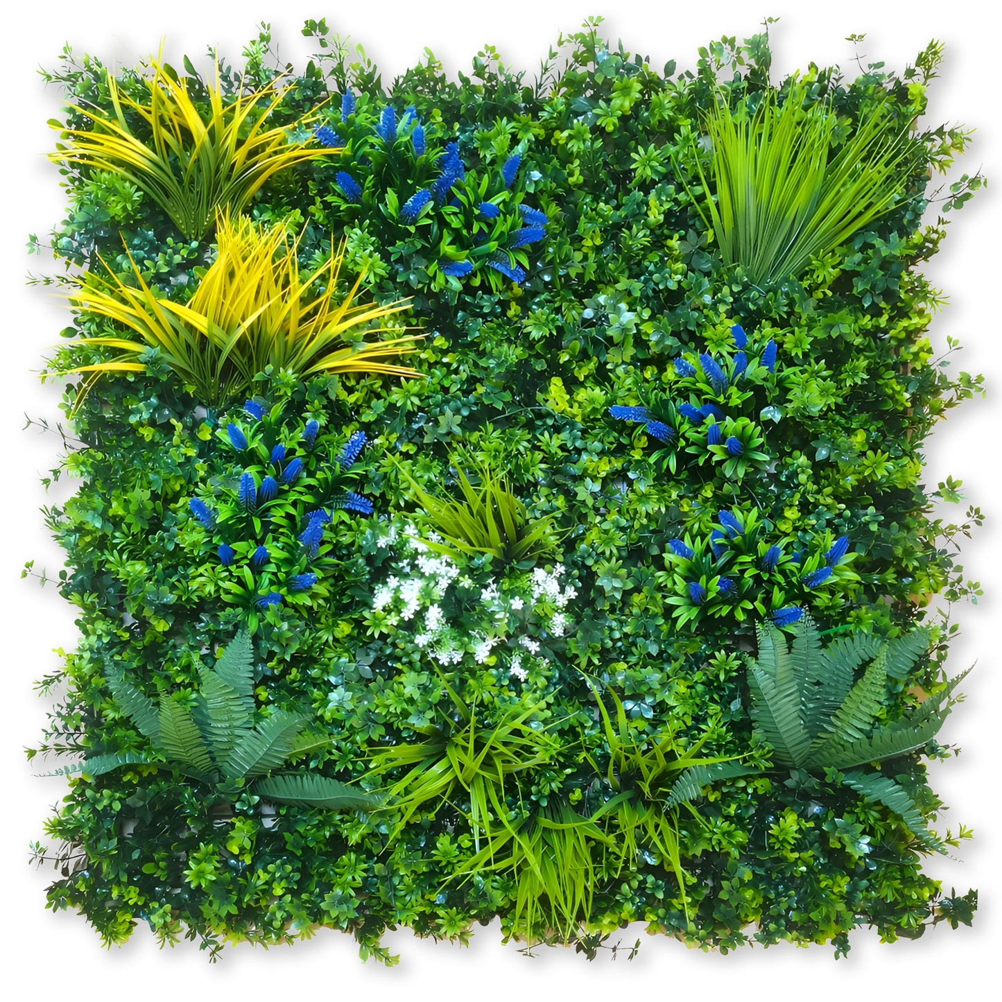 The CityGarden Grass Wall by Landmark Decor is a square panel with lush artificial foliage, spiky yellow-green grasses, blue and white flowers, and assorted leafy plants—ideal decorative wall panels for any space.