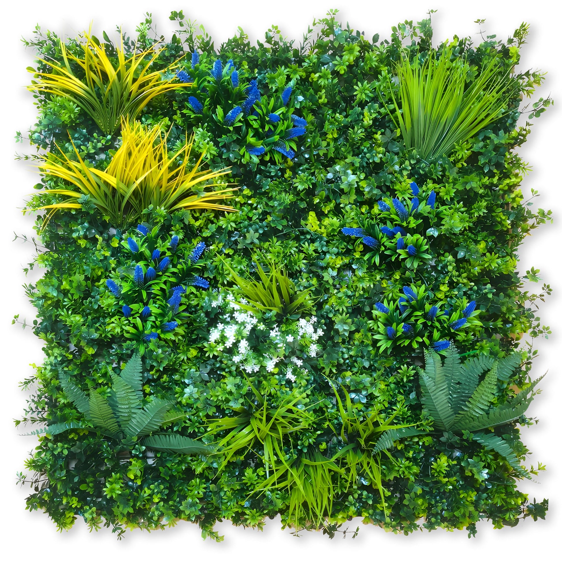 The CityGarden Grass Wall by Landmark Decor is a square panel with lush artificial foliage, spiky yellow-green grasses, blue and white flowers, and assorted leafy plants—ideal decorative wall panels for any space.