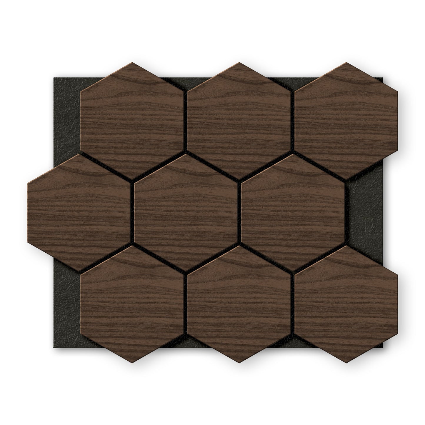 Twelve Landmark Decor Walnut Hexagon Wood Wall Panels are arranged in a grid on a black rectangular background, viewed from above.