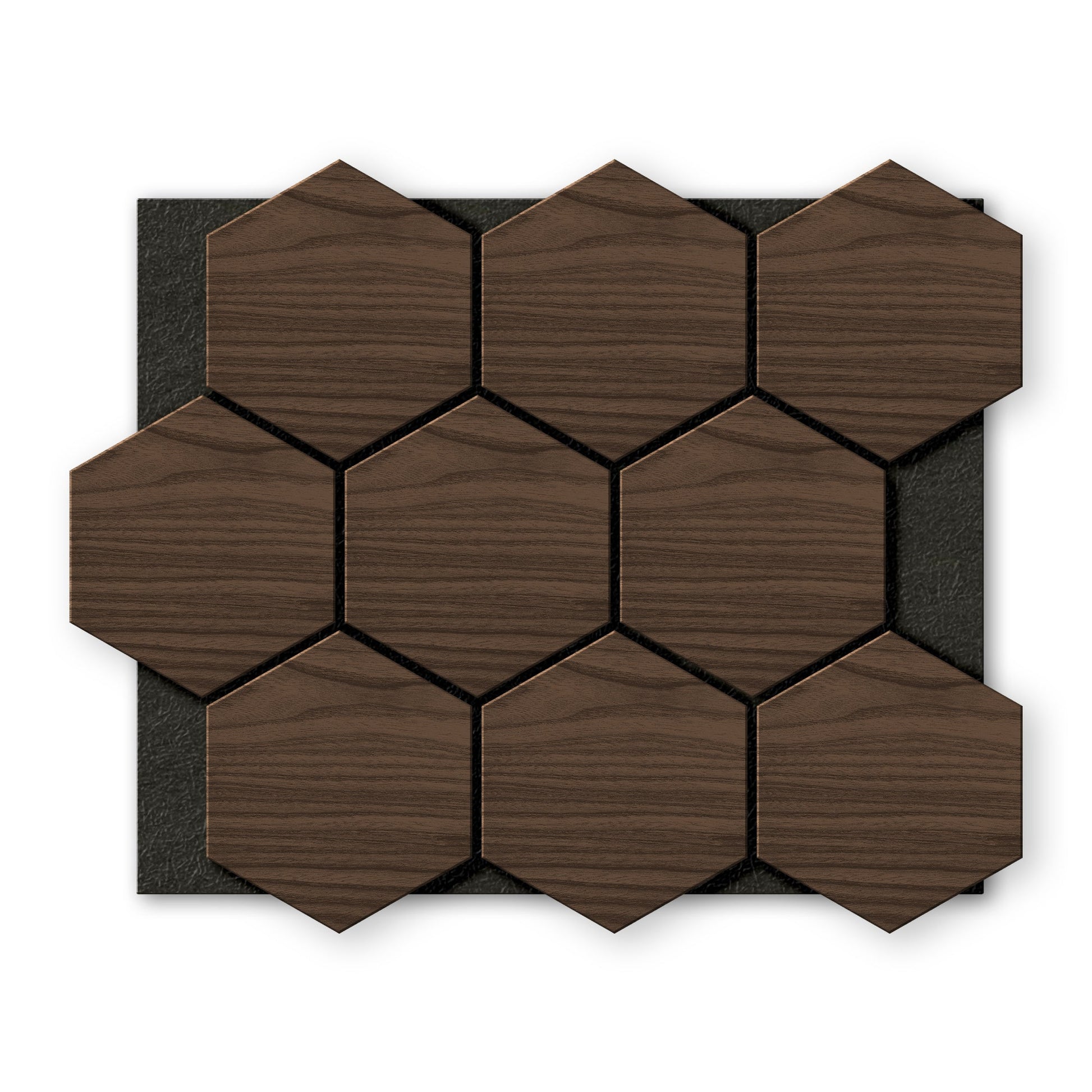 Twelve Landmark Decor Walnut Hexagon Wood Wall Panels are arranged in a grid on a black rectangular background, viewed from above.