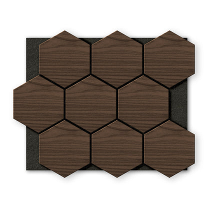 Twelve Landmark Decor Walnut Hexagon Wood Wall Panels are arranged in a grid on a black rectangular background, viewed from above.