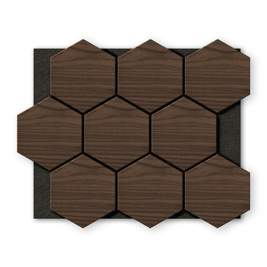 Twelve Landmark Decor Walnut Hexagon Wood Wall Panels are arranged in a grid on a black rectangular background, viewed from above.