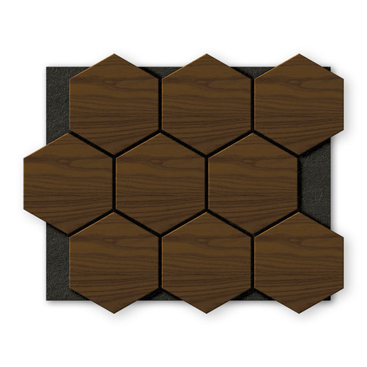 A set of nine Light Smoke Hexagon Wood Wall Panels by Landmark Decor, arranged in three rows on a black rectangular base, viewed from above.