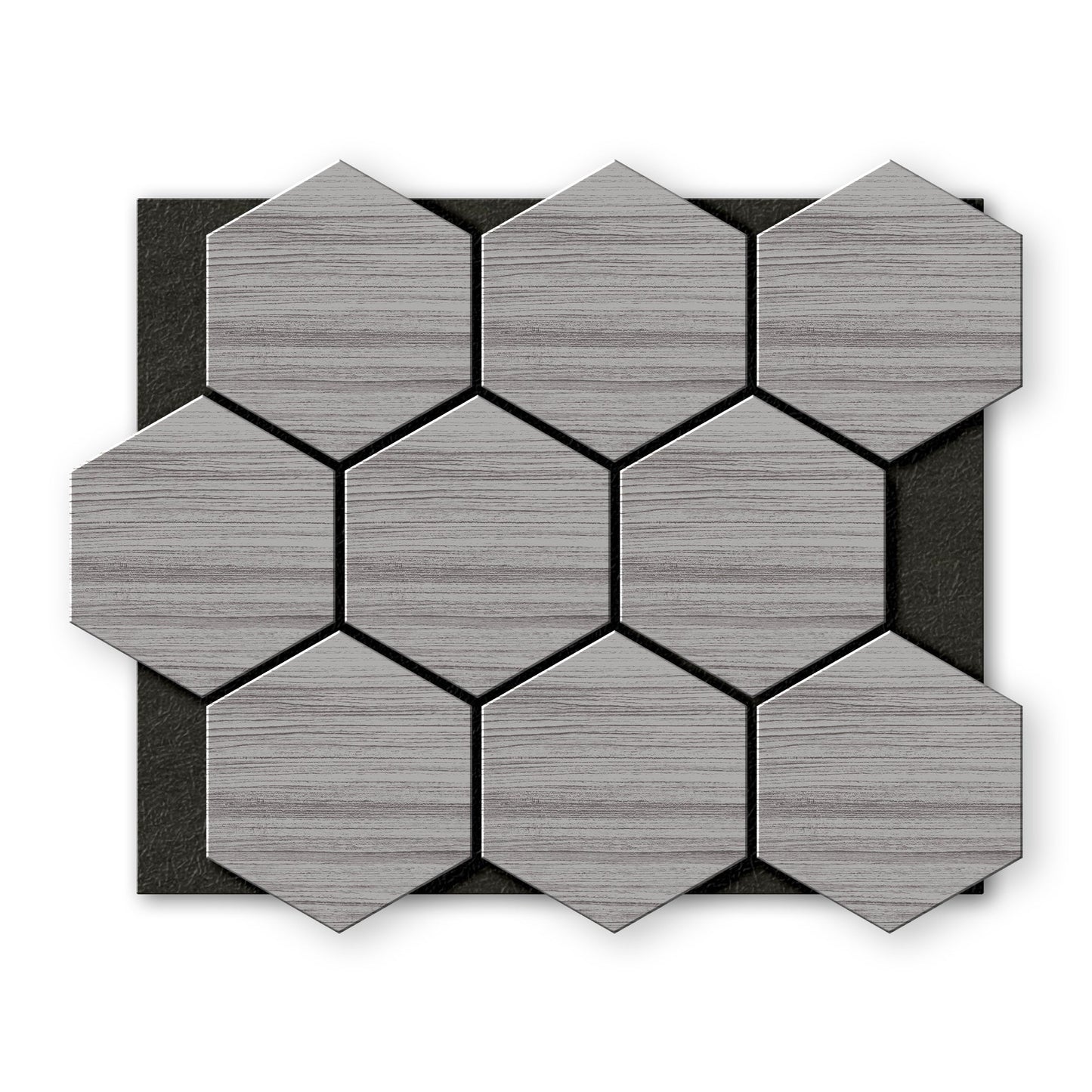Light Gray Hexagon Wood Wall Panels by Landmark Decor feature a wood grain texture in hexagonal shapes, arranged in a grid pattern on a black rectangular backing.