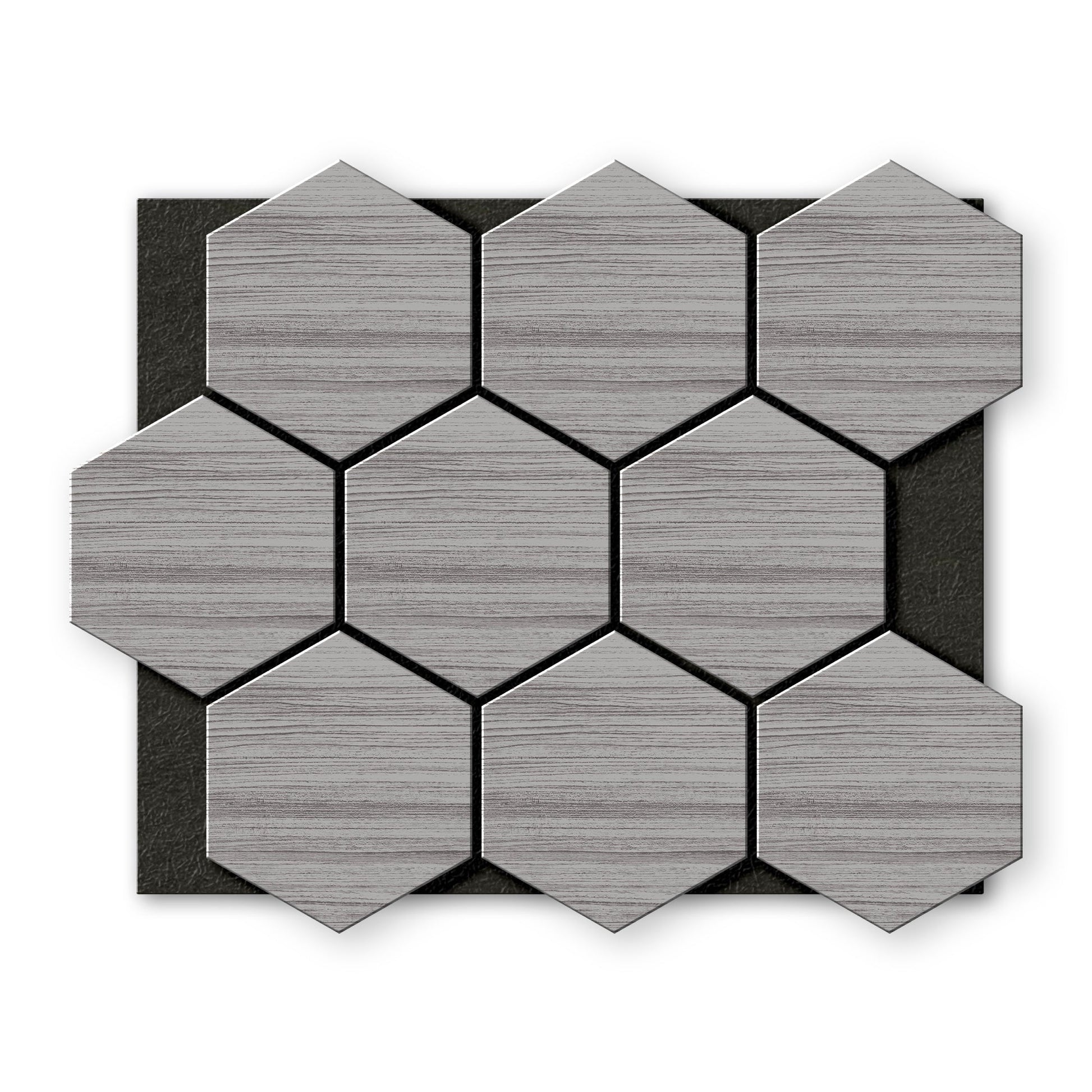 Light Gray Hexagon Wood Wall Panels by Landmark Decor feature a wood grain texture in hexagonal shapes, arranged in a grid pattern on a black rectangular backing.