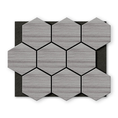 Light Gray Hexagon Wood Wall Panels by Landmark Decor feature a wood grain texture in hexagonal shapes, arranged in a grid pattern on a black rectangular backing.