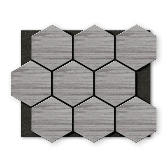 Light Gray Hexagon Wood Wall Panels by Landmark Decor feature a wood grain texture in hexagonal shapes, arranged in a grid pattern on a black rectangular backing.