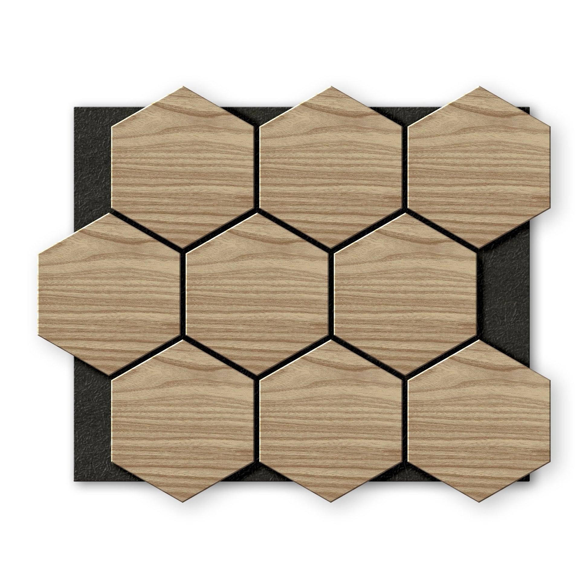 Landmark Decor's White Oak Hexagon Wood Wall Panels are arranged in a grid pattern on a black rectangular background.