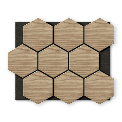 Landmark Decor's White Oak Hexagon Wood Wall Panels are arranged in a grid pattern on a black rectangular background.