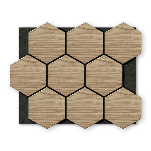 Landmark Decor's White Oak Hexagon Wood Wall Panels are arranged in a grid pattern on a black rectangular background.