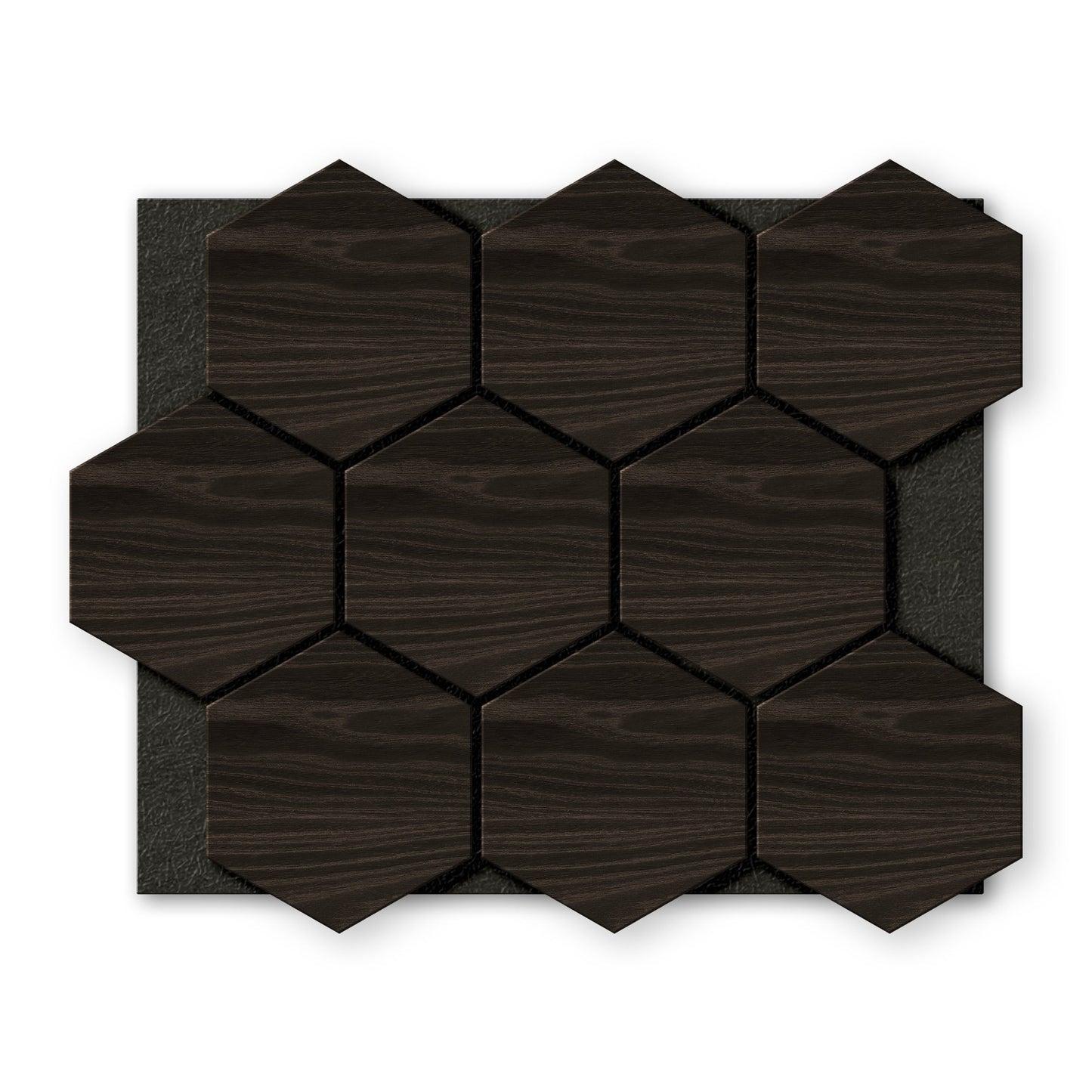 Landmark Decor's Dark Gray Hexagon Wood Wall Panels feature a woodgrain texture in a hexagonal shape, arranged in a rectangular grid on a black backing.
