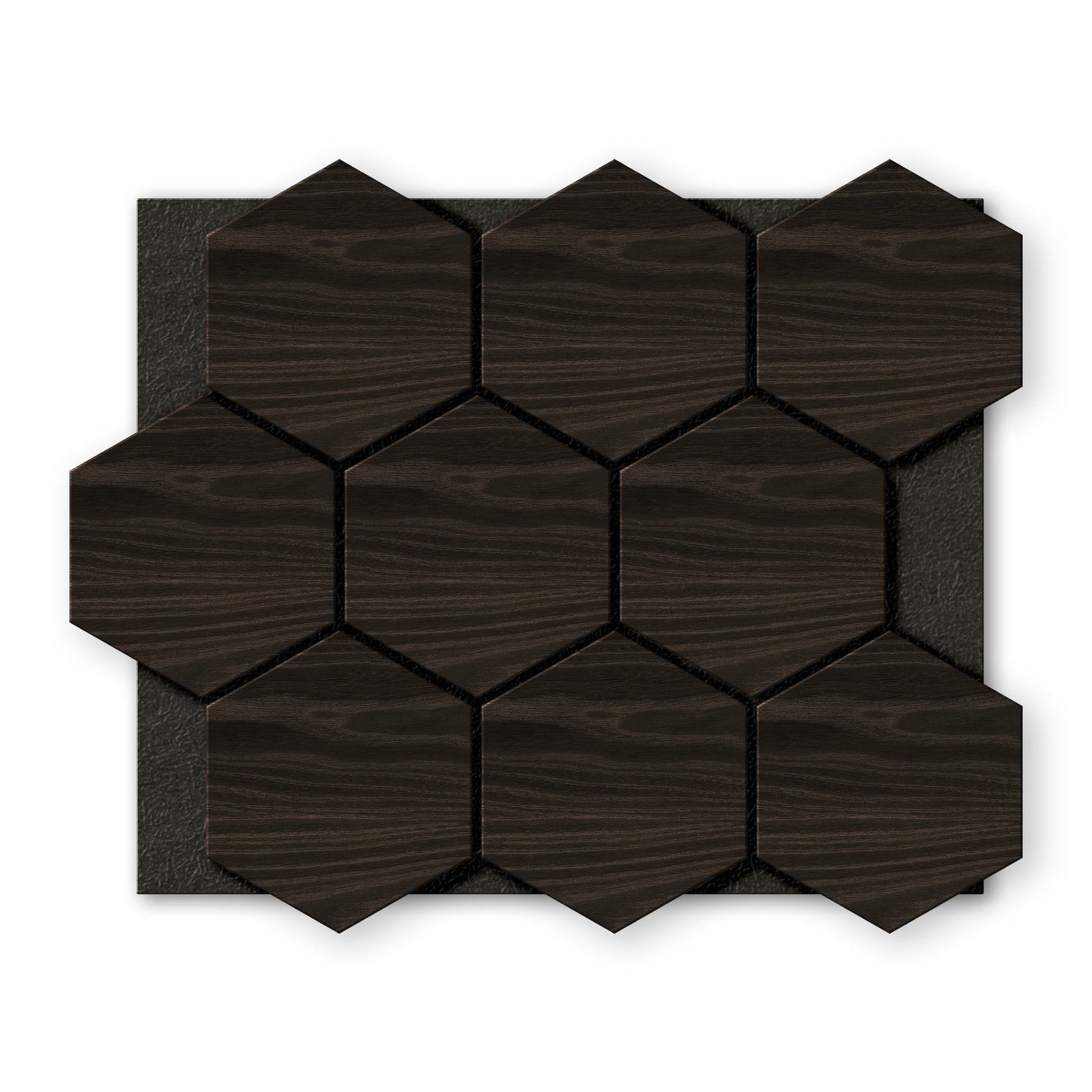 Landmark Decor's Dark Gray Hexagon Wood Wall Panels feature a woodgrain texture in a hexagonal shape, arranged in a rectangular grid on a black backing.