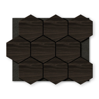 Landmark Decor's Dark Gray Hexagon Wood Wall Panels feature a woodgrain texture in a hexagonal shape, arranged in a rectangular grid on a black backing.