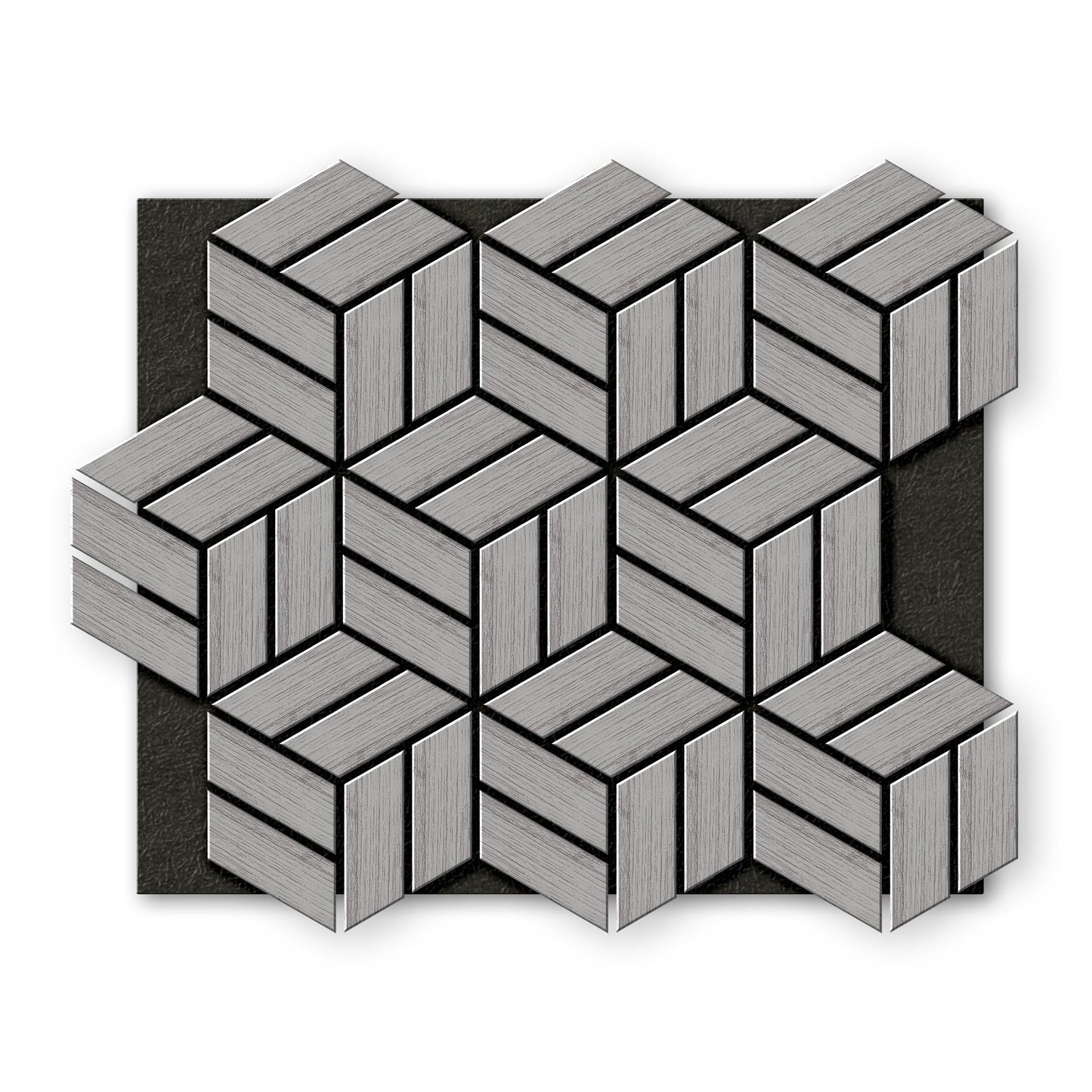 Landmark Decor’s Light Gray Line Hexagon Wood Wall Panels feature a geometric, natural wood texture in a gray three-dimensional pattern, arranged on a dark rectangular background.