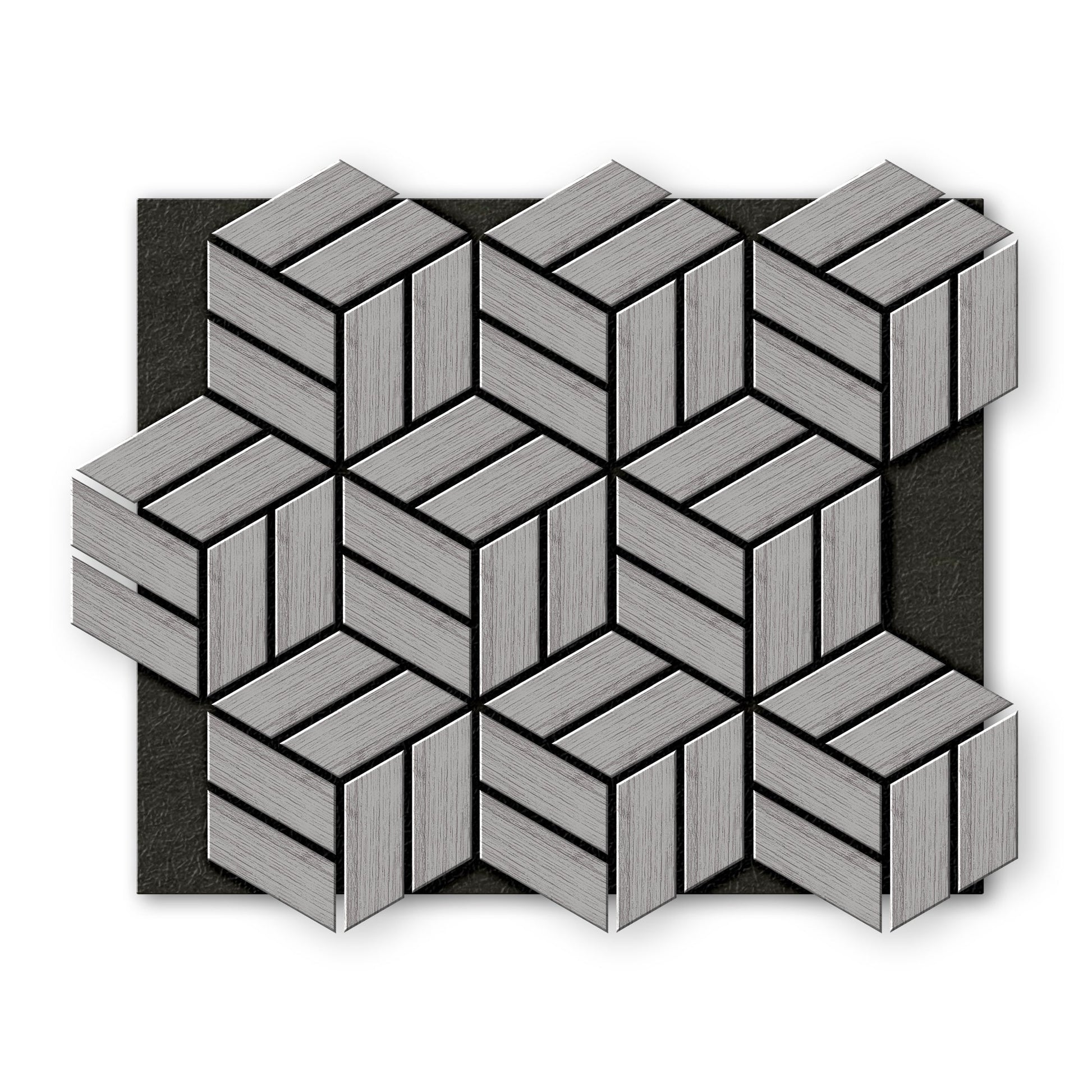 Landmark Decor’s Light Gray Line Hexagon Wood Wall Panels feature a geometric, natural wood texture in a gray three-dimensional pattern, arranged on a dark rectangular background.