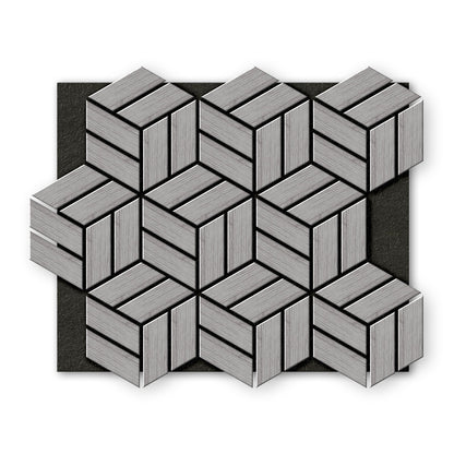 Landmark Decor’s Light Gray Line Hexagon Wood Wall Panels feature a geometric, natural wood texture in a gray three-dimensional pattern, arranged on a dark rectangular background.