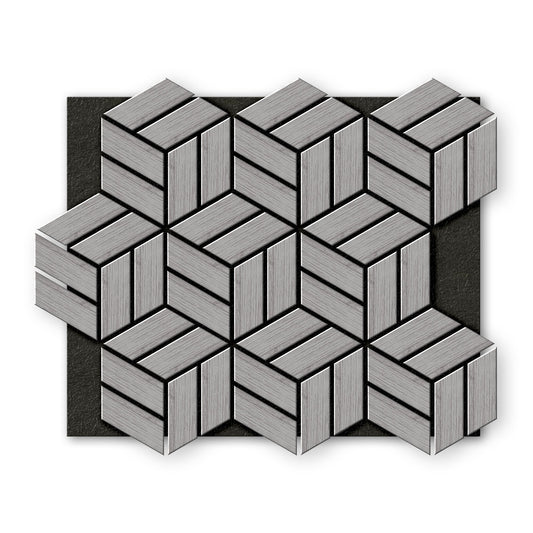 Landmark Decor’s Light Gray Line Hexagon Wood Wall Panels feature a geometric, natural wood texture in a gray three-dimensional pattern, arranged on a dark rectangular background.