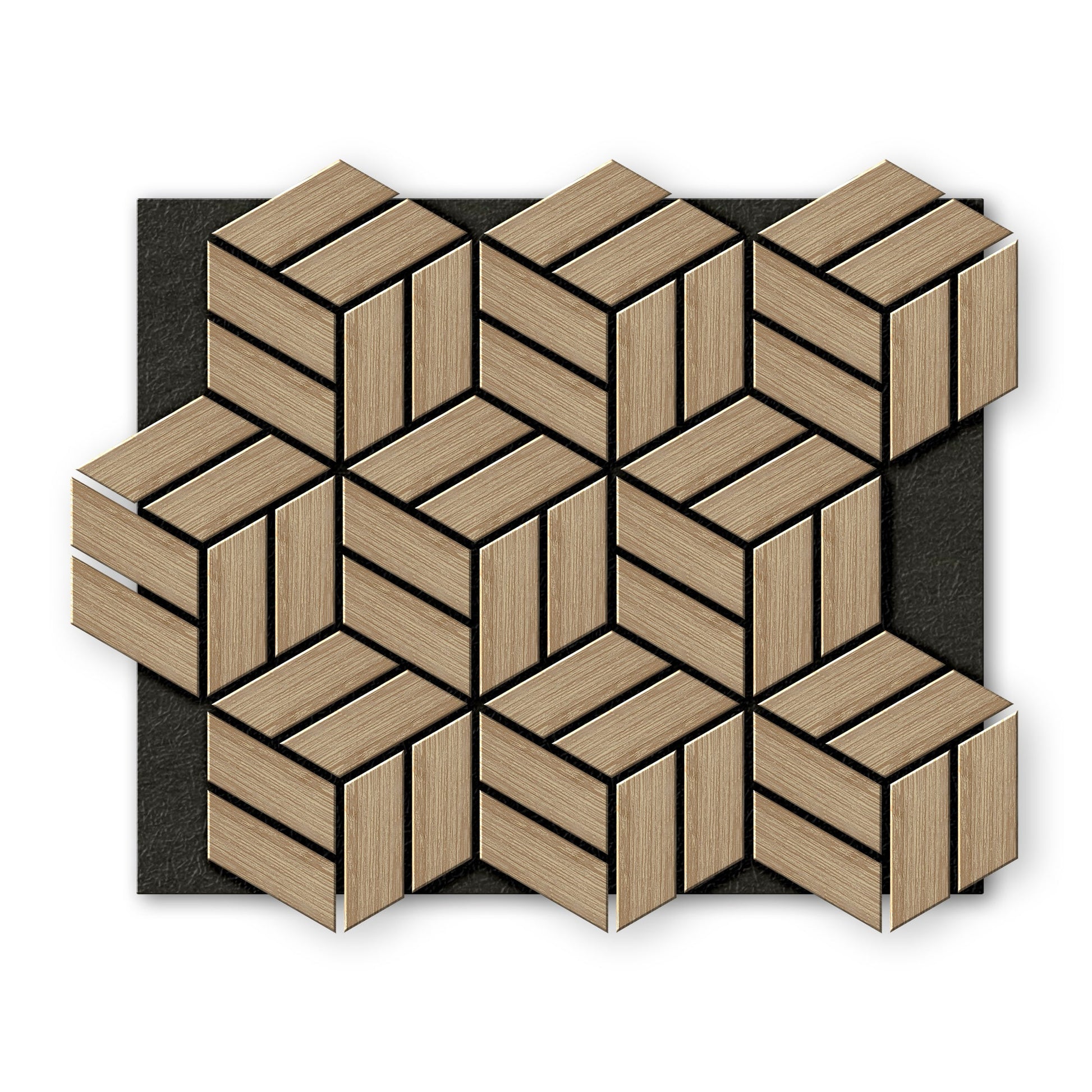 Landmark Decor’s White Oak Line Hexagon Wood Wall Panels form a bold geometric cube pattern, creating a standout accent wall against a black rectangular background.