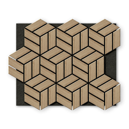 Landmark Decor’s White Oak Line Hexagon Wood Wall Panels form a bold geometric cube pattern, creating a standout accent wall against a black rectangular background.