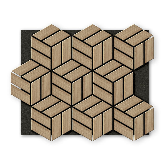 Landmark Decor’s White Oak Line Hexagon Wood Wall Panels form a bold geometric cube pattern, creating a standout accent wall against a black rectangular background.