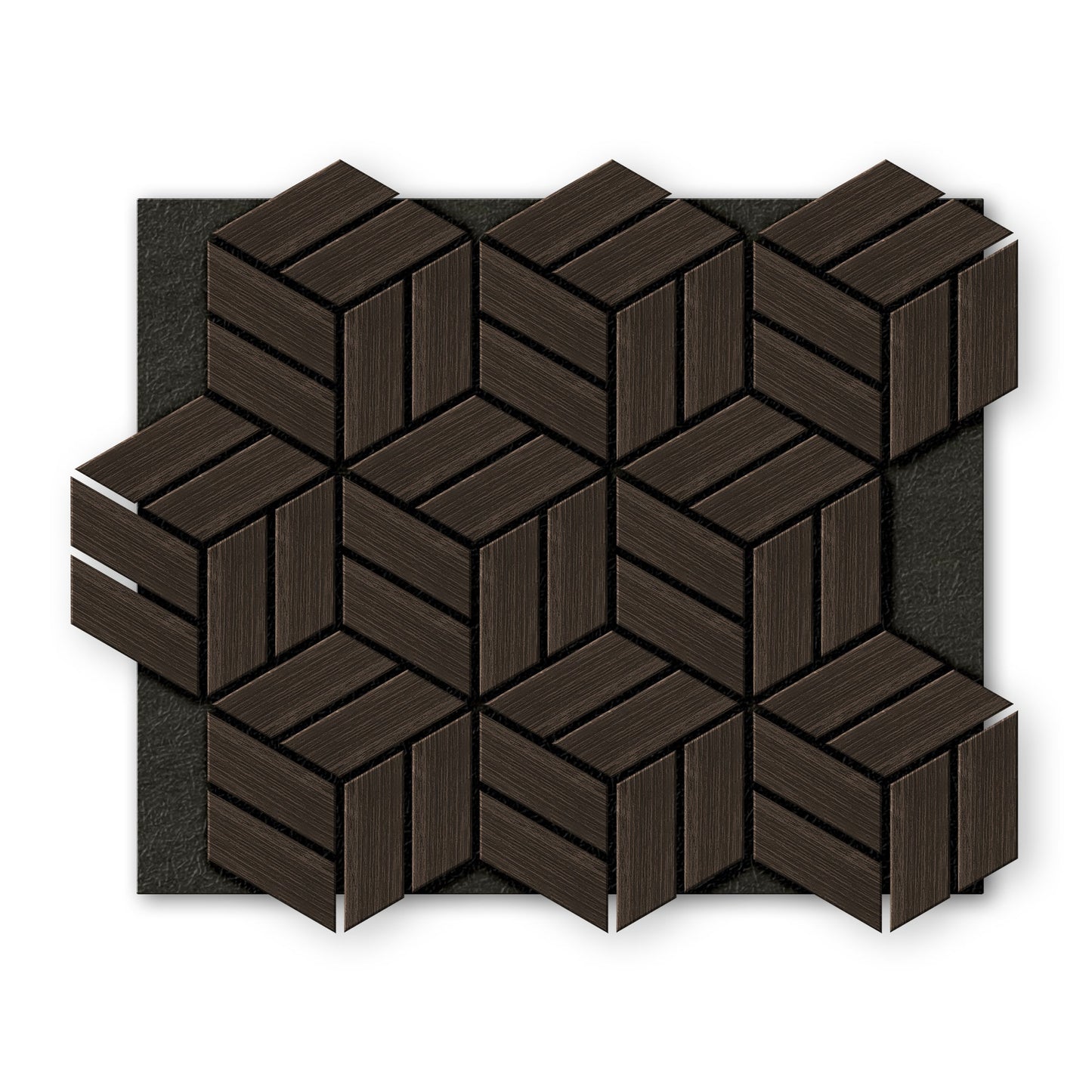 Landmark Decor’s Dark Gray Line Hexagon Wood Wall Panels create a geometric wall decor with three-dimensional shapes, arranged on a black textured background.