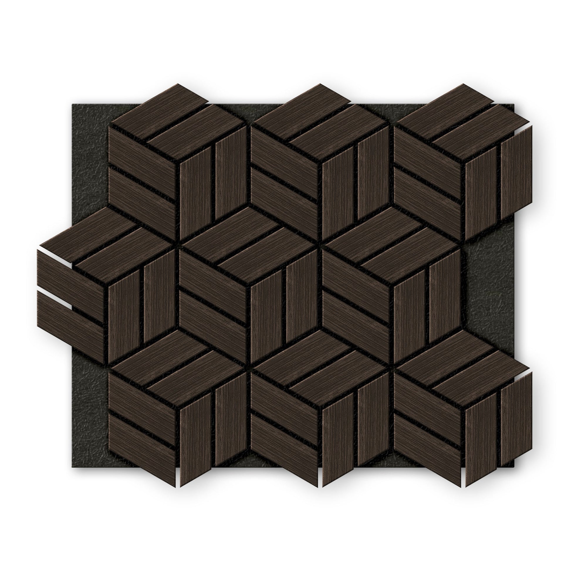 Landmark Decor’s Dark Gray Line Hexagon Wood Wall Panels create a geometric wall decor with three-dimensional shapes, arranged on a black textured background.