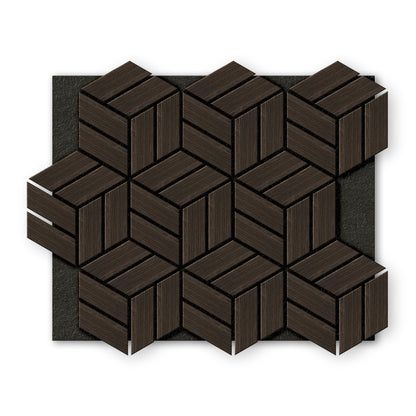Landmark Decor’s Dark Gray Line Hexagon Wood Wall Panels create a geometric wall decor with three-dimensional shapes, arranged on a black textured background.