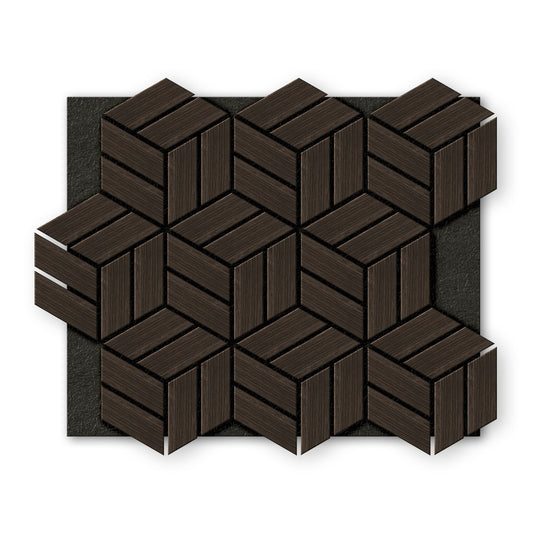 Landmark Decor’s Dark Gray Line Hexagon Wood Wall Panels create a geometric wall decor with three-dimensional shapes, arranged on a black textured background.