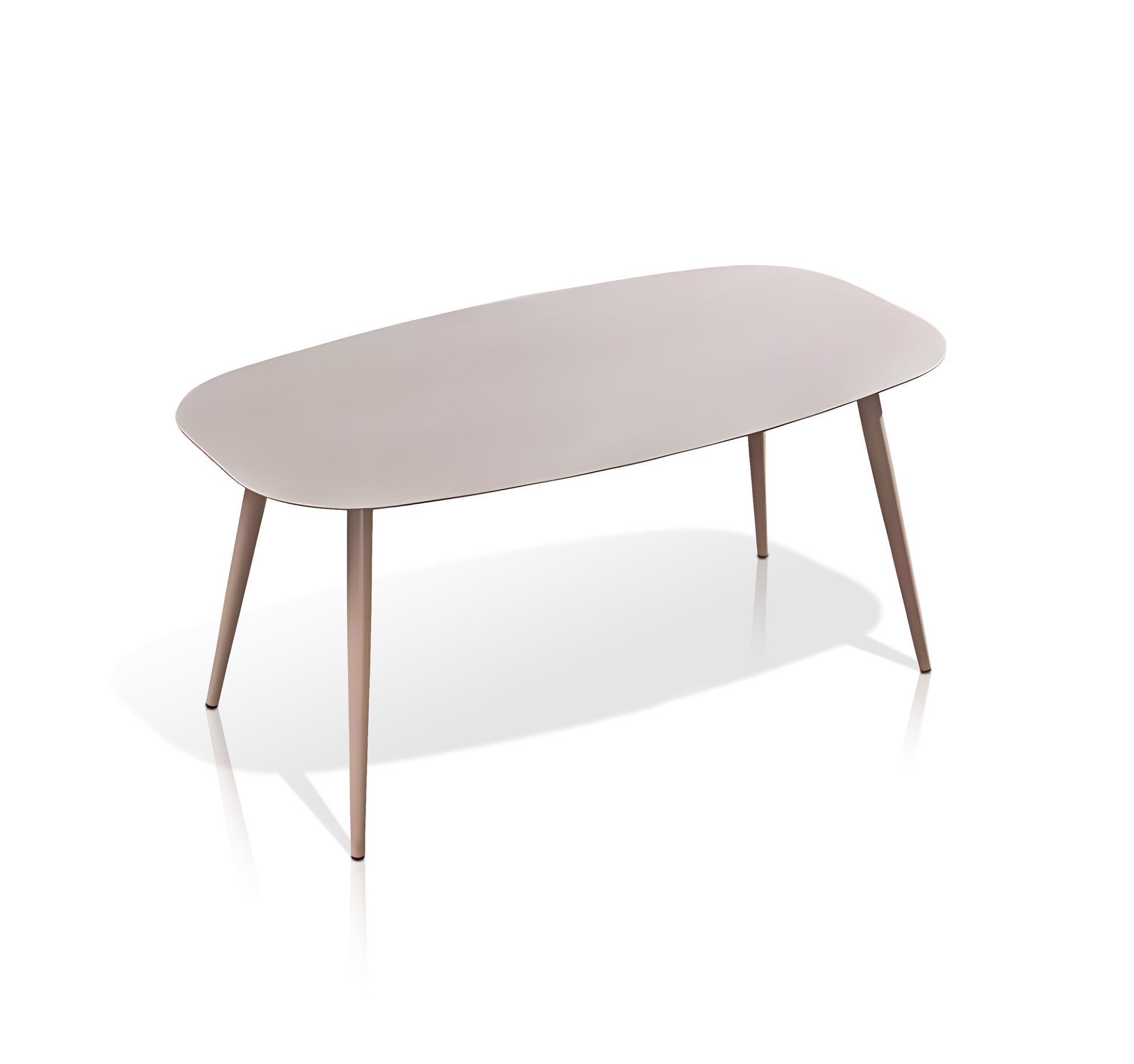 The St. Tropez Collection by Landmark Decor features a modern, minimalist oval table for alfresco dining with a smooth beige surface and slender wooden legs. It’s brilliantly designed with weather-resistant materials and set against a plain white background.