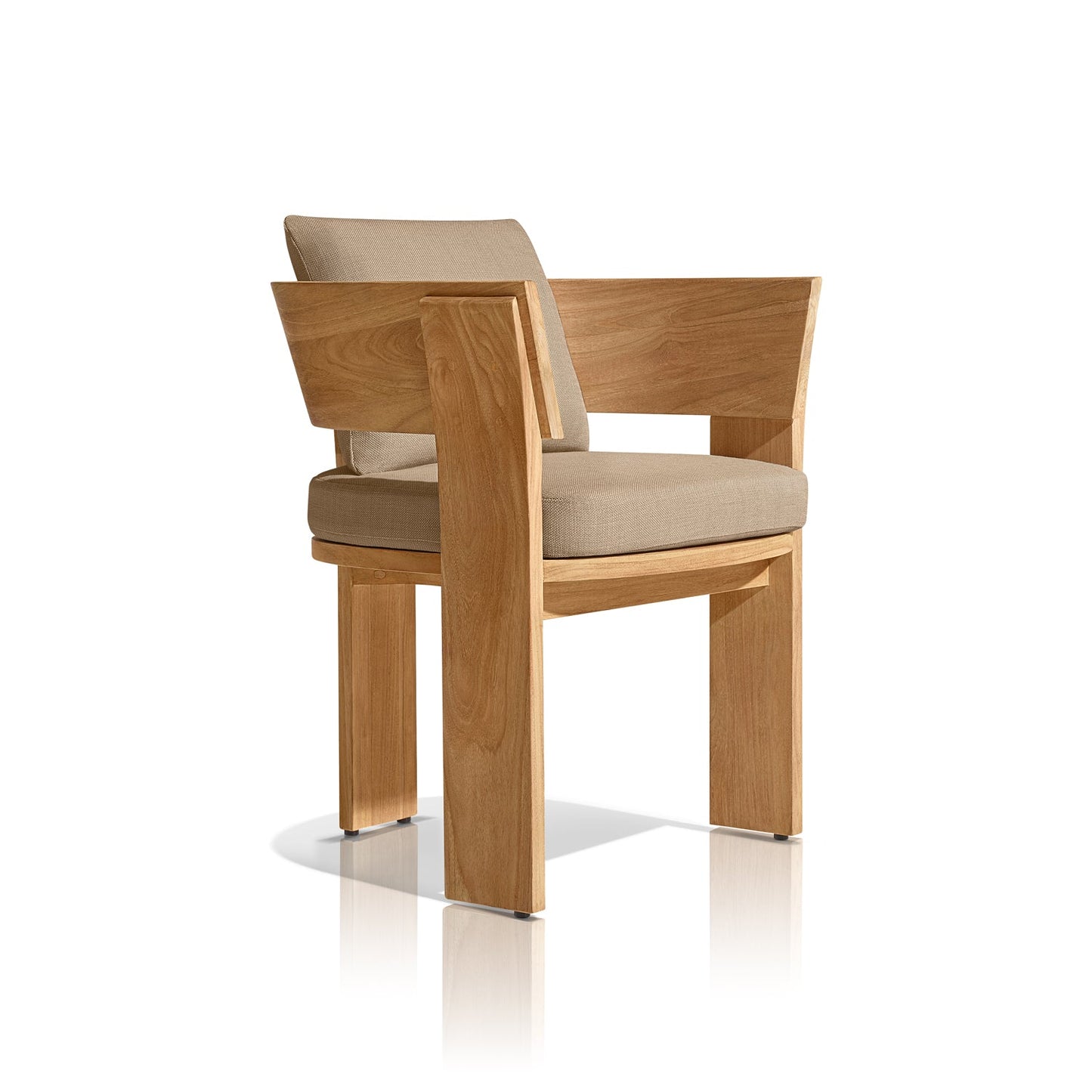 The Timber Serenity Collection by Landmark Decor is a modern wooden chair with a light brown cushion and backrest, ideal for alfresco dining. Its angular design, straight armrests, smooth finish, and weather-resistant materials make it perfect for outdoor settings on a white background.