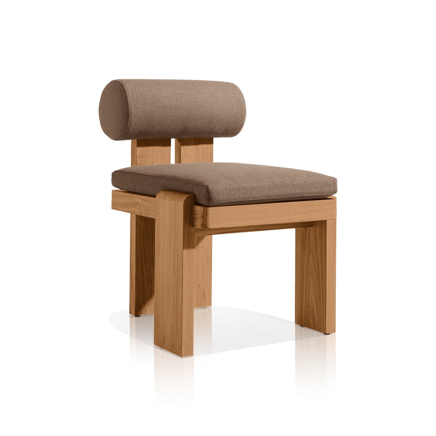The Grove Retreat Collection by Landmark Decor offers a modern chair with a minimalist design, featuring a cylindrical padded backrest and square cushioned seat in brown fabric. Its weather-resistant light wood frame is ideal for alfresco dining, providing a sleek, contemporary look.