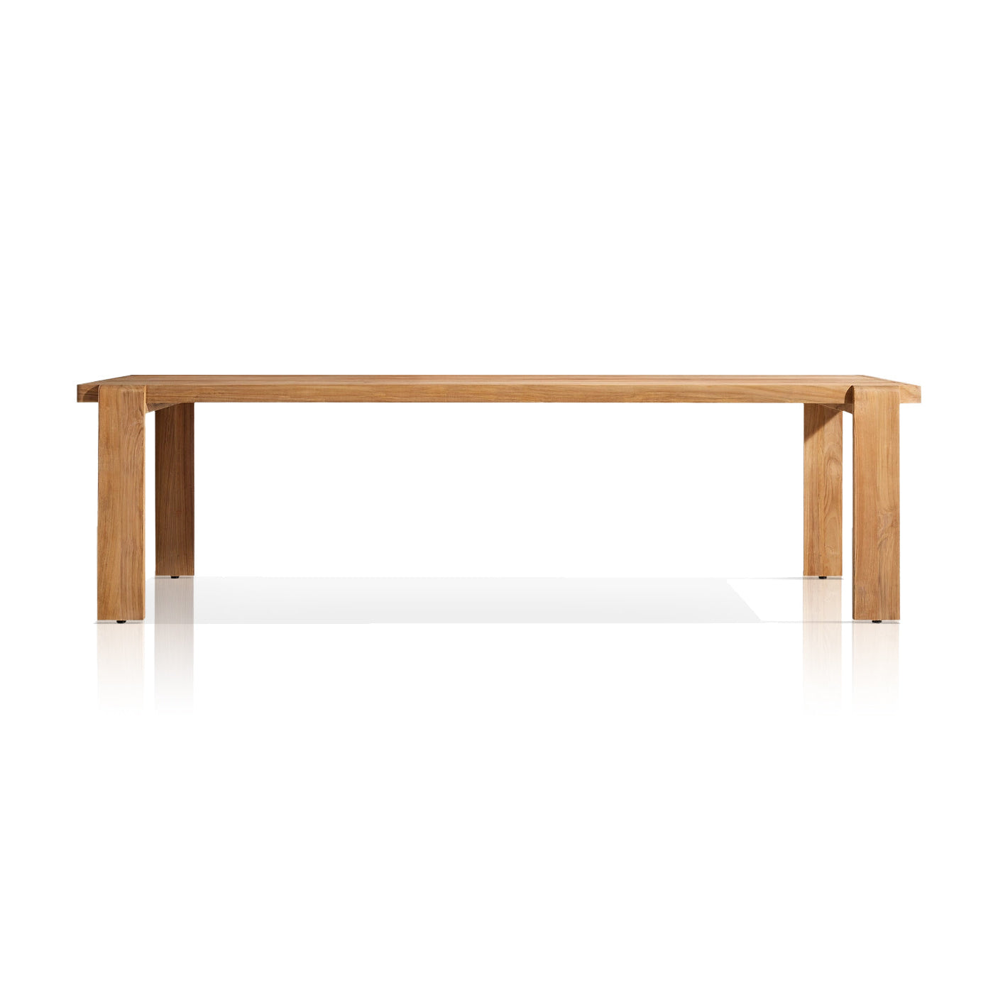 The Grove Retreat Collection by Landmark Decor features a minimalist wooden dining table, ideal for alfresco dining. It has a rectangular top, four straight legs, and is crafted from weather-resistant materials with a natural finish and clean lines against a white background.